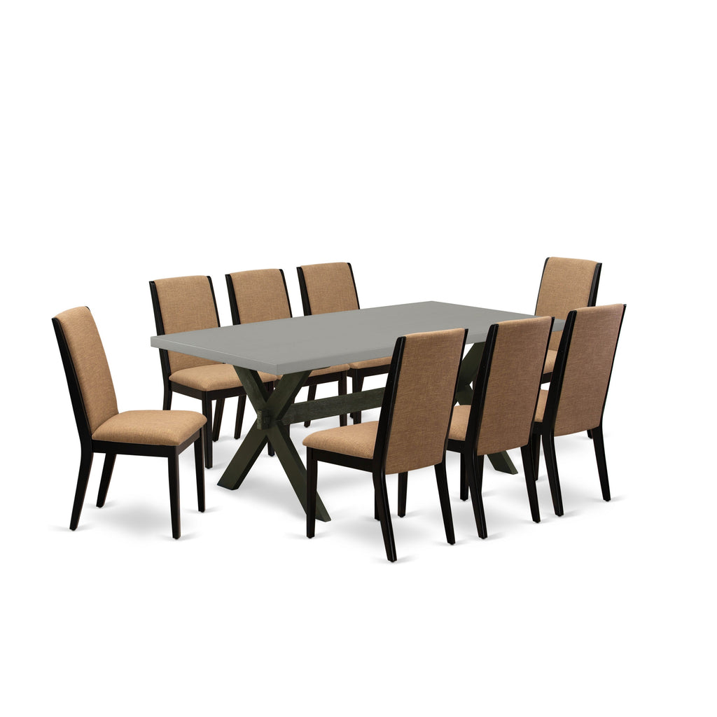 East West Furniture X697LA147-9 9 Piece Dining Set Includes a Rectangle Dining Room Table with X-Legs and 8 Light Sable Linen Fabric Upholstered Chairs