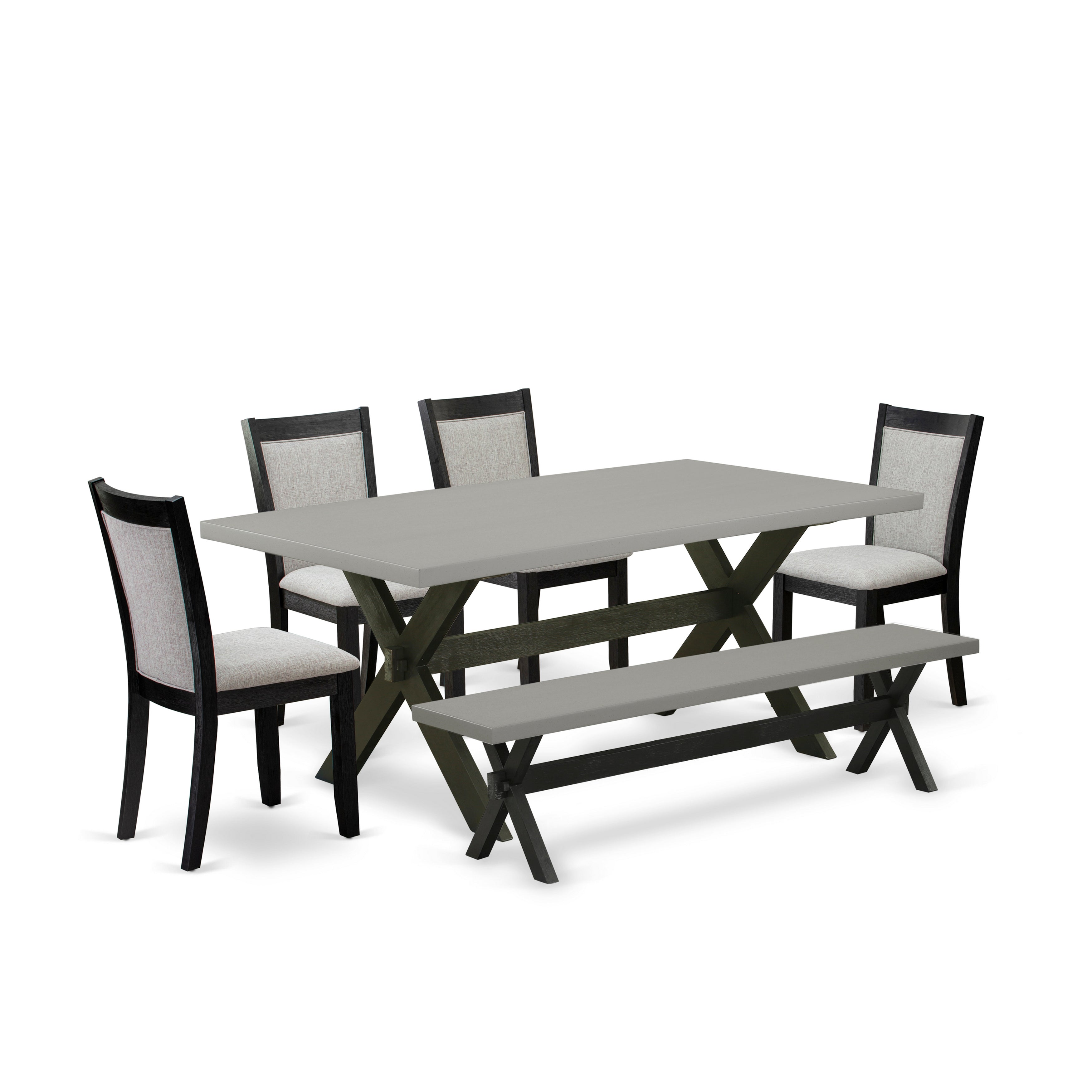 East West Furniture X697MZ606-6 6 Pc Dining Room Set - Cement Top Dining Table with a Wood Bench and 4 Shitake Linen Fabric Upholstered Kitchen Chairs - Wire Brushed Black Finish