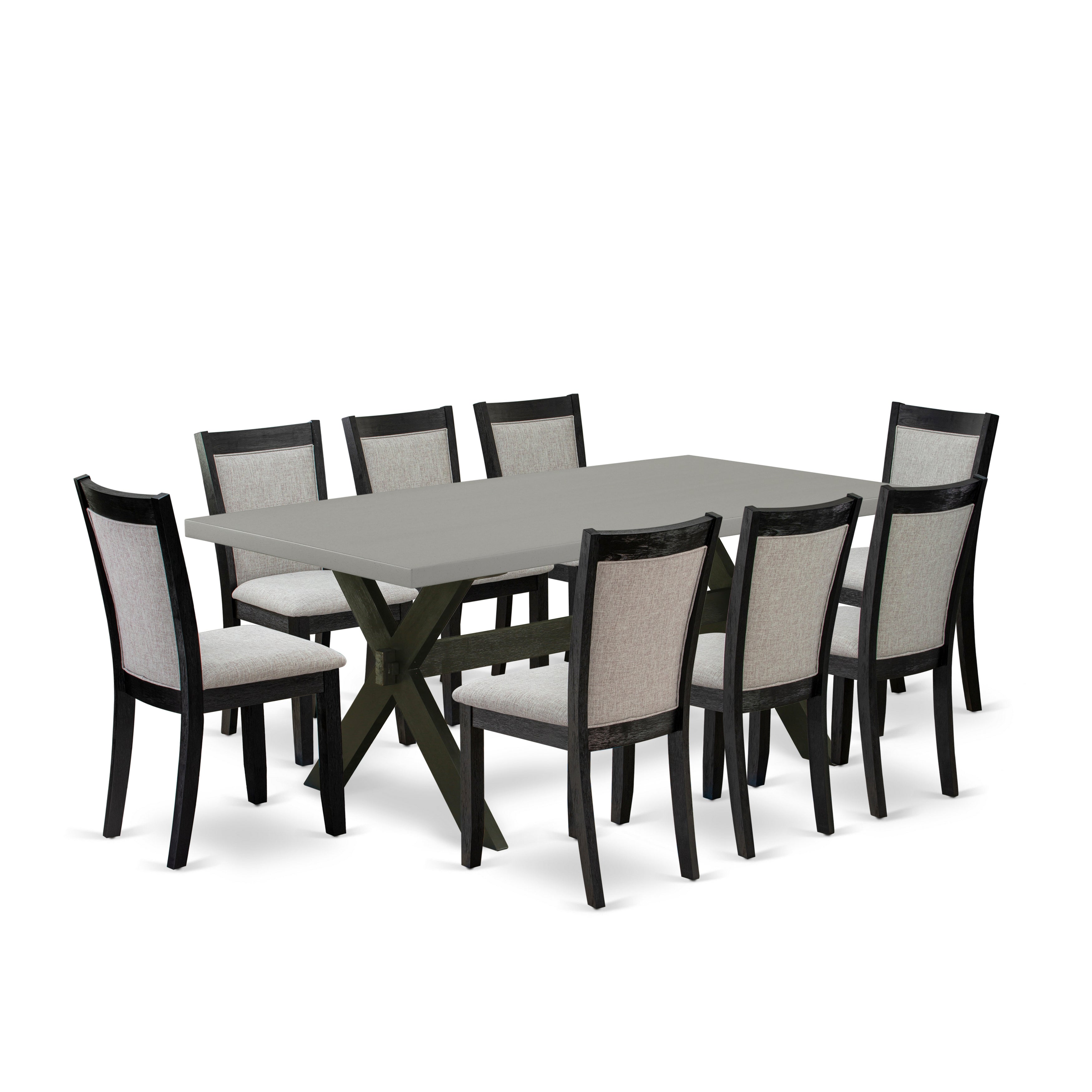 East West Furniture X697MZ606-9 9 Piece Modern Dining Set - Cement Top Mid Century Modern Dining Table with Trestle Base and 8 Shitake Linen Fabric Parson Chairs - Wire Brushed Black Finish