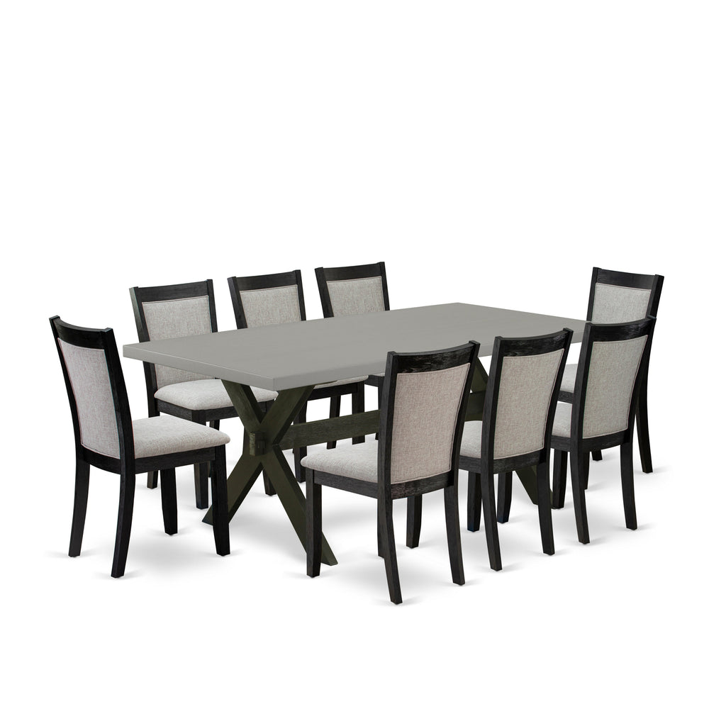East West Furniture X697MZ606-9 9 Piece Kitchen Table & Chairs Set Includes a Rectangle Dining Room Table with X-Legs and 8 Shitake Linen Fabric Parsons Chairs