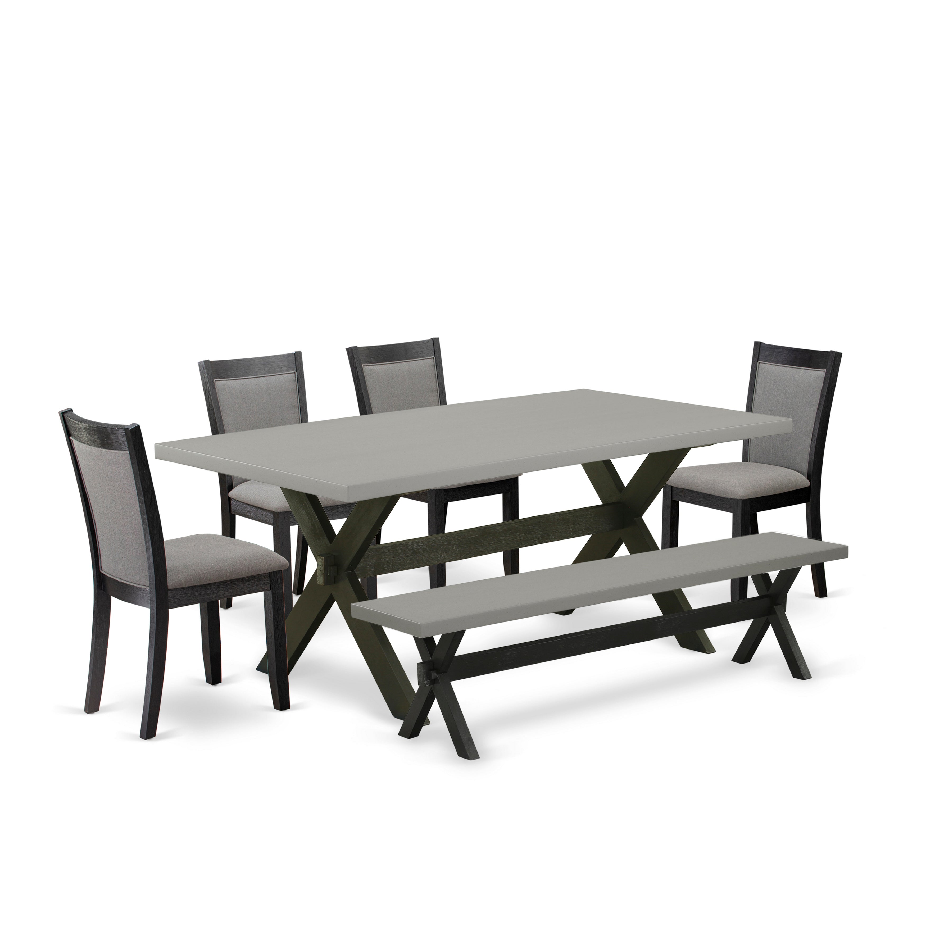 East West Furniture X697MZ650-6 6 Piece Table Set - Cement Top Modern Dining Table with a Dining Bench and 4 Dark Gotham Grey Linen Fabric Upholstered Parson Chairs - Wire Brushed Black Finish