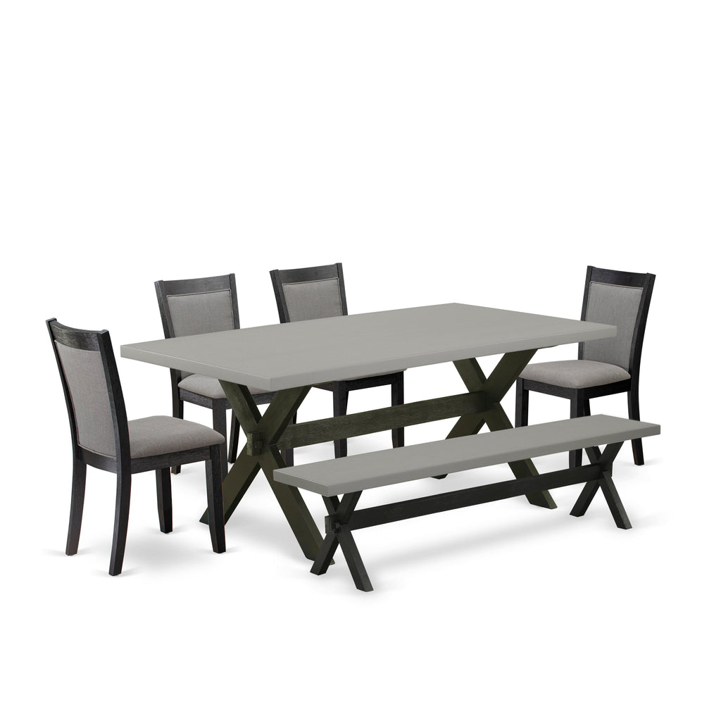 East West Furniture X697MZ650-6 6 Piece Dinette Set Contains a Rectangle Dining Table with X-Legs and 4 Dark Gotham Grey Linen Fabric Parson Chairs with a Bench