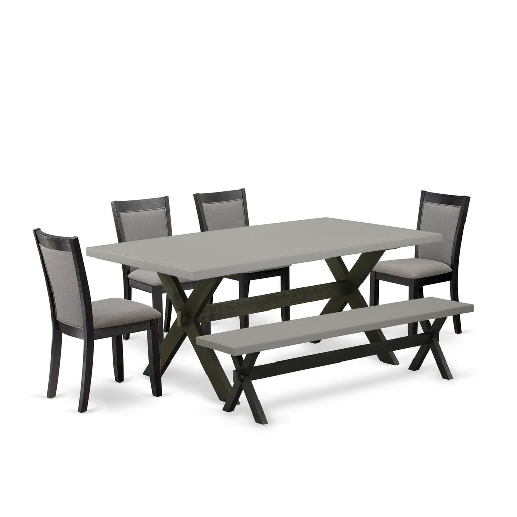 East West Furniture X697MZ650-6 6 Piece Dinette Set Contains a Rectangle Dining Table with X-Legs and 4 Dark Gotham Grey Linen Fabric Parson Chairs with a Bench, 40x72 Inch, Multi-Color