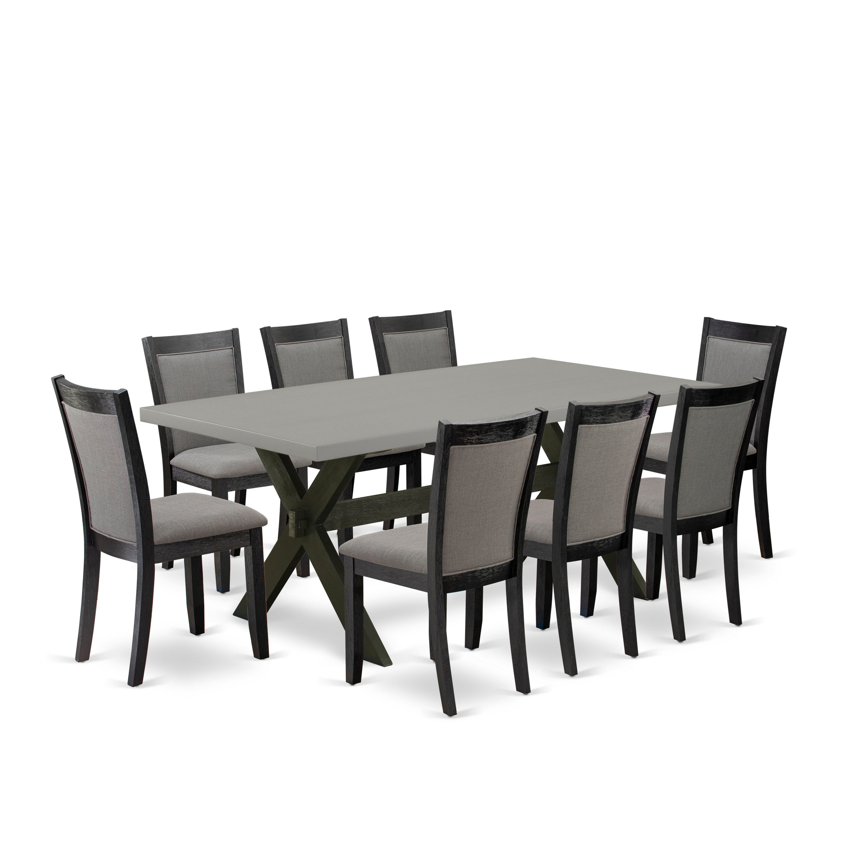 East West Furniture X697MZ650-9 9 Piece Dining Room Table Set - A Cement Top Wood Table with Trestle Base and 8 Dark Gotham Grey Linen Fabric Wooden Dining Chairs - Wire Brushed Black Finish