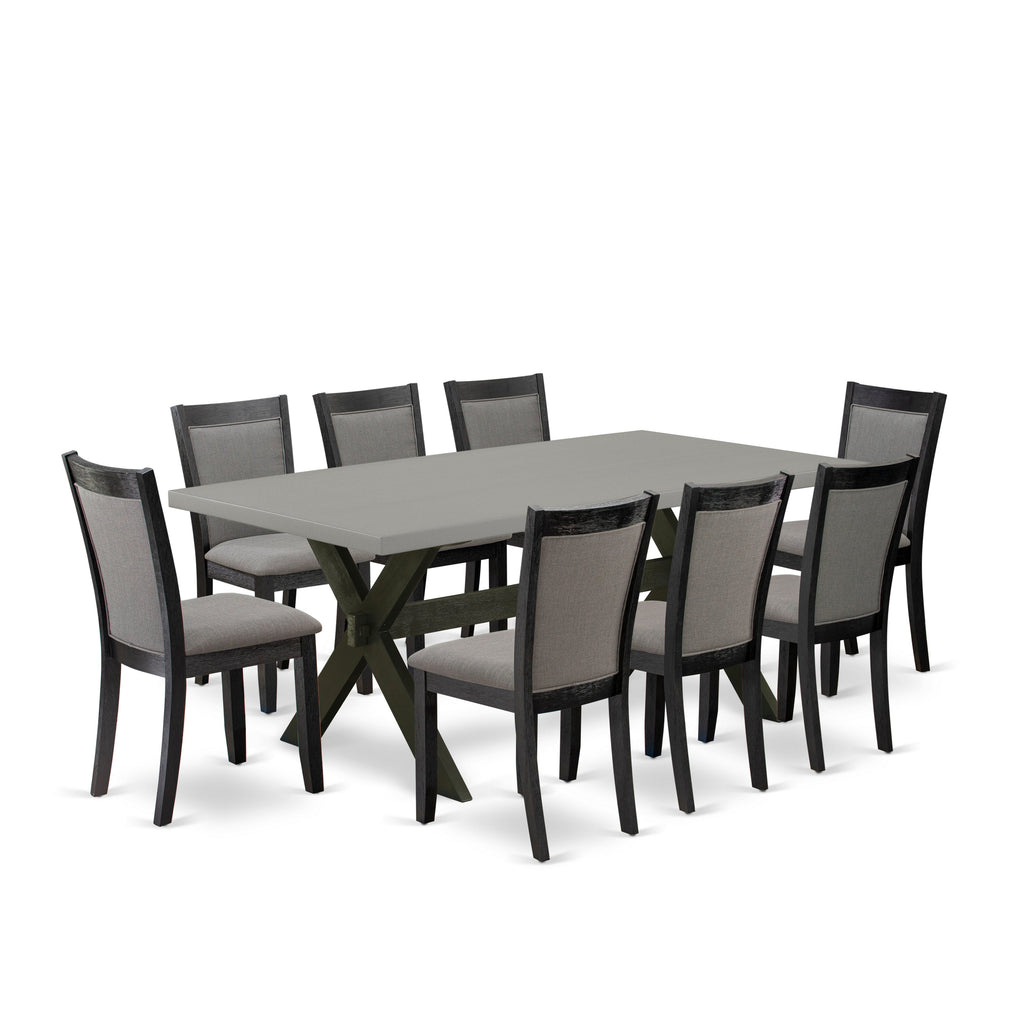 East West Furniture X697MZ650-9 9 Piece Dining Room Set Includes a Rectangle Dining Table with X-Legs and 8 Dark Gotham Grey Linen Fabric Upholstered Chairs