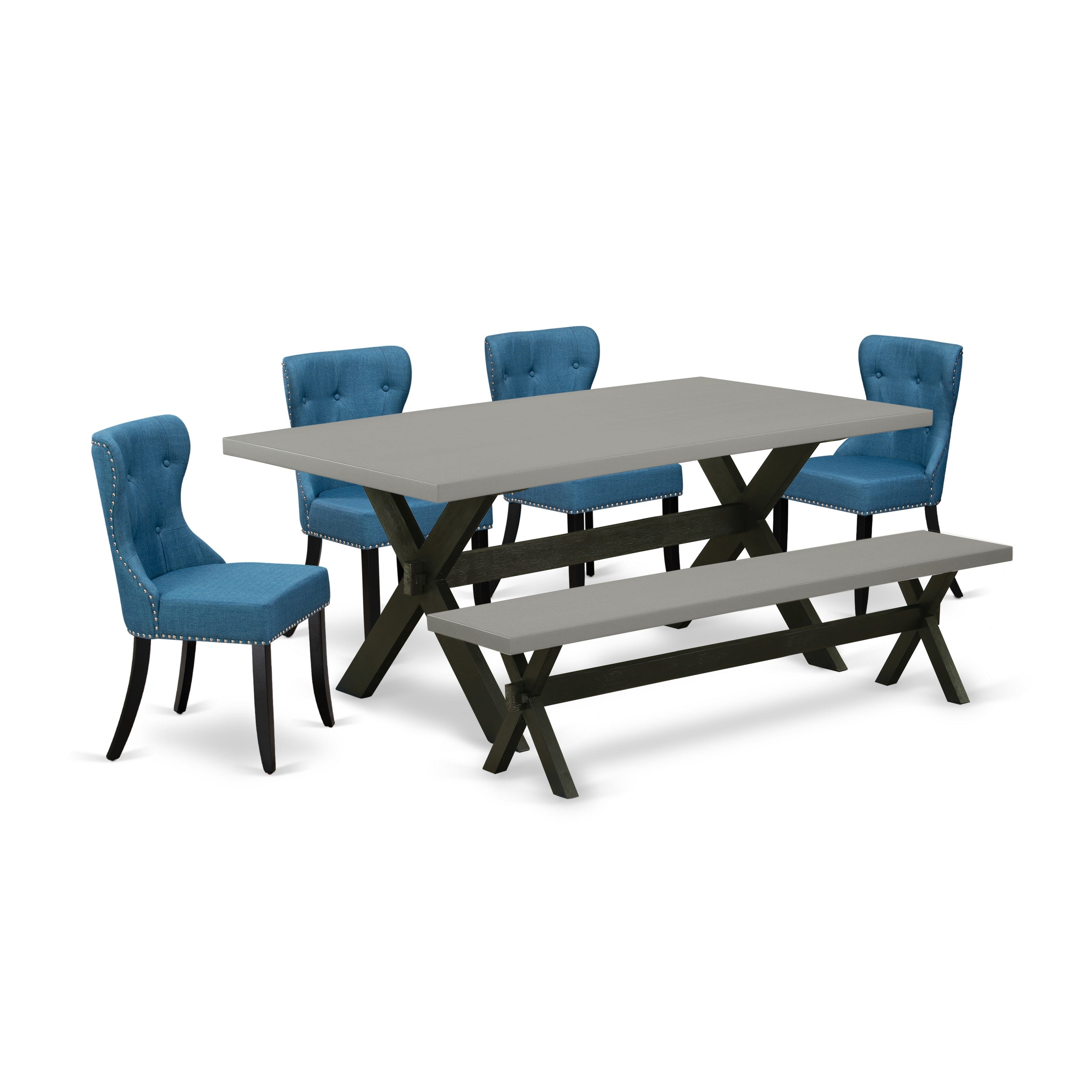East West Furniture X697SI121-6 6-Pc Dinette Room Set- 4 Blue Linen Fabric dining room chairs with Button Tufted Back - A Dining Room Table and 1 Wooden Bench - Cement Finish