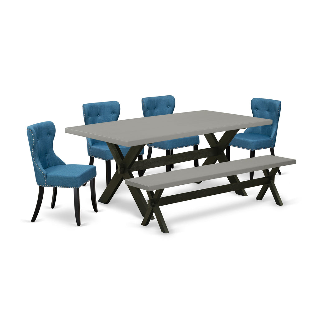 East West Furniture X697SI121-6 6 Piece Dining Table Set Contains a Rectangle Wooden Table with X-Legs and 4 Blue Linen Fabric Upholstered Chairs with a Bench
