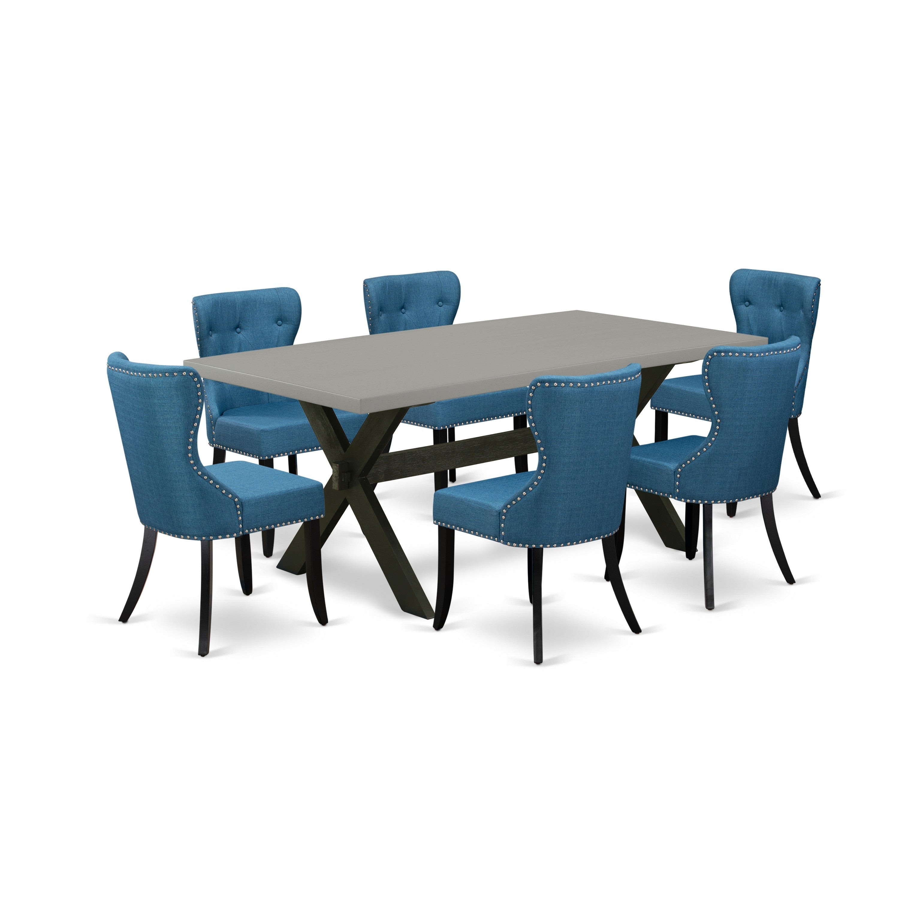 East West Furniture 7-Pc Dinette Set- 6 Parson Chairs with Blue Linen Fabric Seat and Button Tufted Chair Back - Rectangular Table top & Wooden Cross Legs - Cement and Black Finish