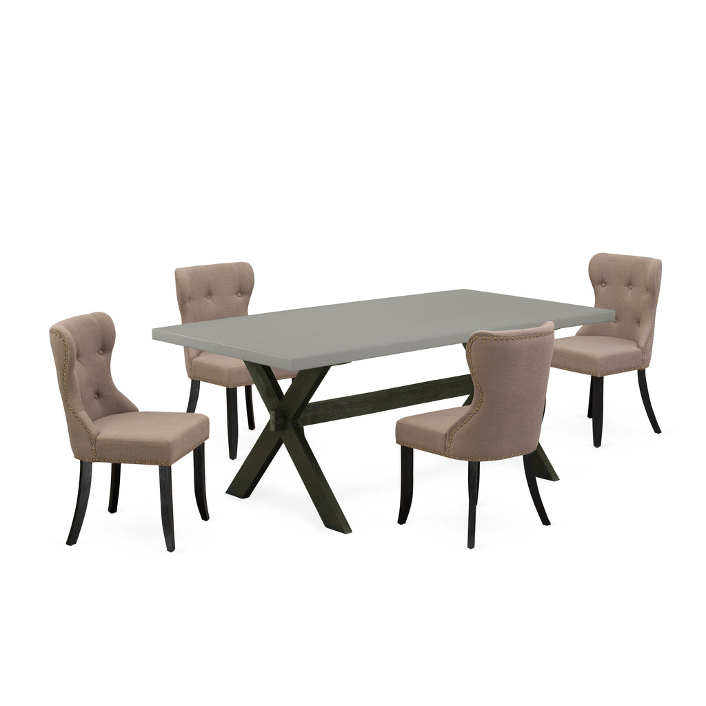 East West Furniture X697SI648-5 5 Piece Kitchen Table & Chairs Set Includes a Rectangle Dining Room Table with X-Legs and 4 Coffee Linen Fabric Parsons Chairs