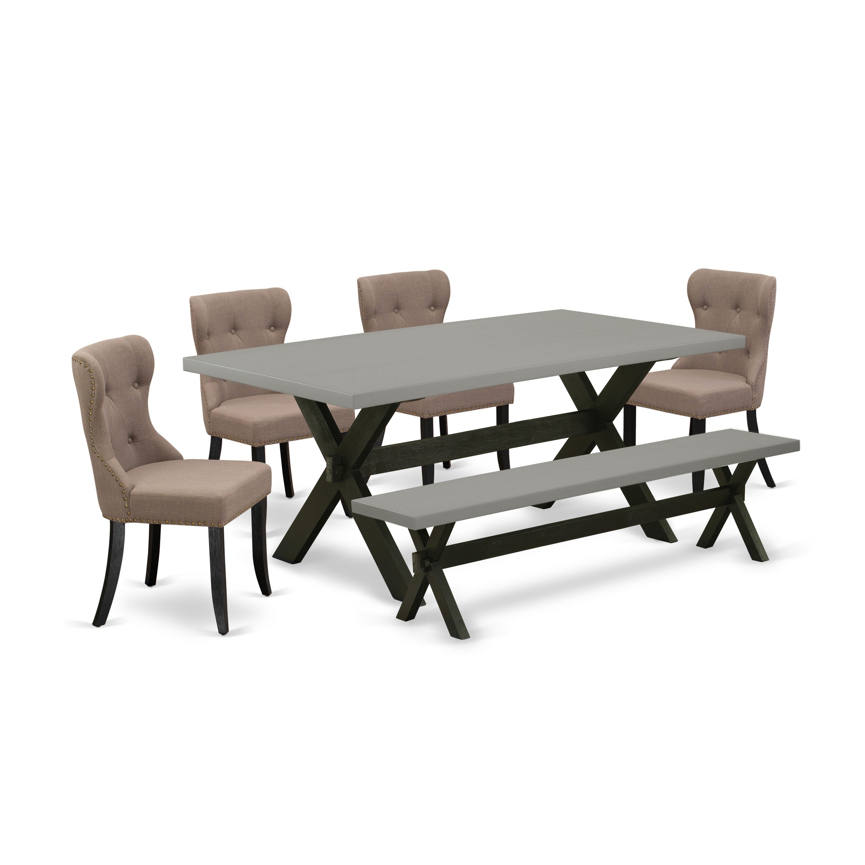East West Furniture X697SI648-6 6-Piece Dinette Room Set- 4 Coffee Linen Fabric Parson Chairs with Button Tufted Back - A Dining Room Table and 1 Dining Bench - Cement Finish