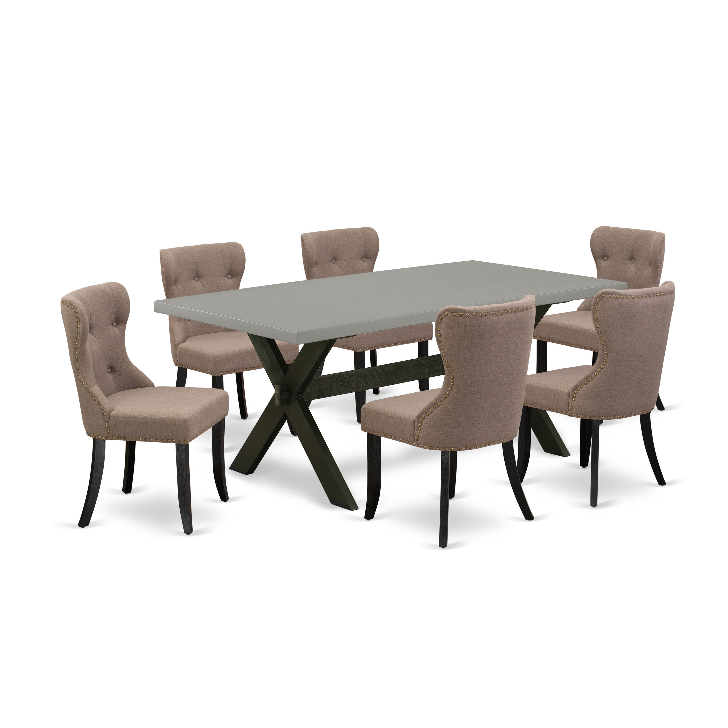 East West Furniture X697SI648-7 7-Piece Dining Room Table Set- 6 dining room chairs with Coffee Linen Fabric Seat and Button Tufted Chair Back - Rectangular Table top & Wooden Cross Legs - Cement and Wire Brushed Black Finish