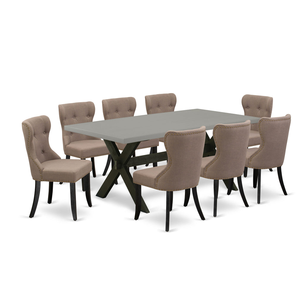 Juego de mesa y sillas de cocina de 9 piezas East West Furniture X697SI648-9. Incluye una mesa de comedor rectangular con patas en forma de X y 8 sillas de comedor Parson de tela de lino color café.