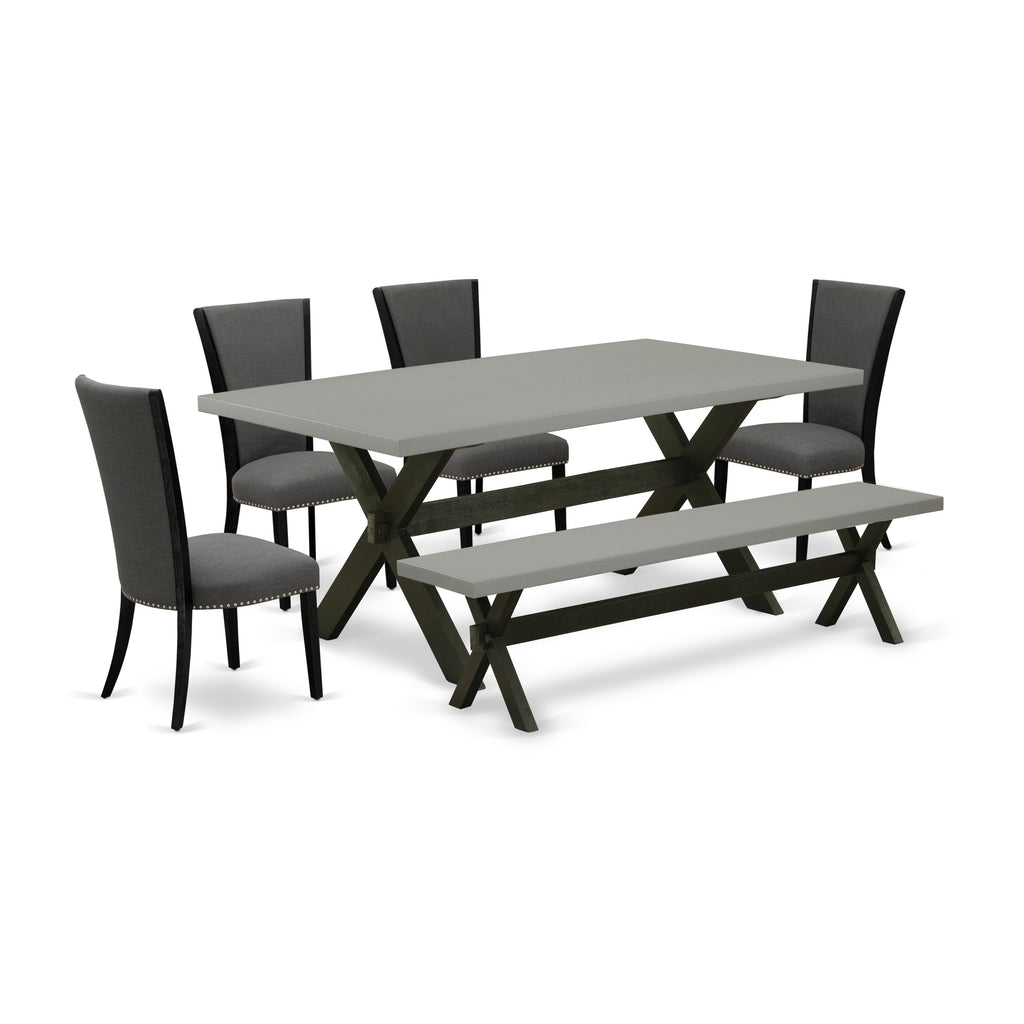Juego de mesa de comedor de 6 piezas East West Furniture X697VE650-6. Contiene una mesa rectangular de madera con patas en forma de X y 4 sillas Parson de tela de lino Gotham oscuro con un banco.