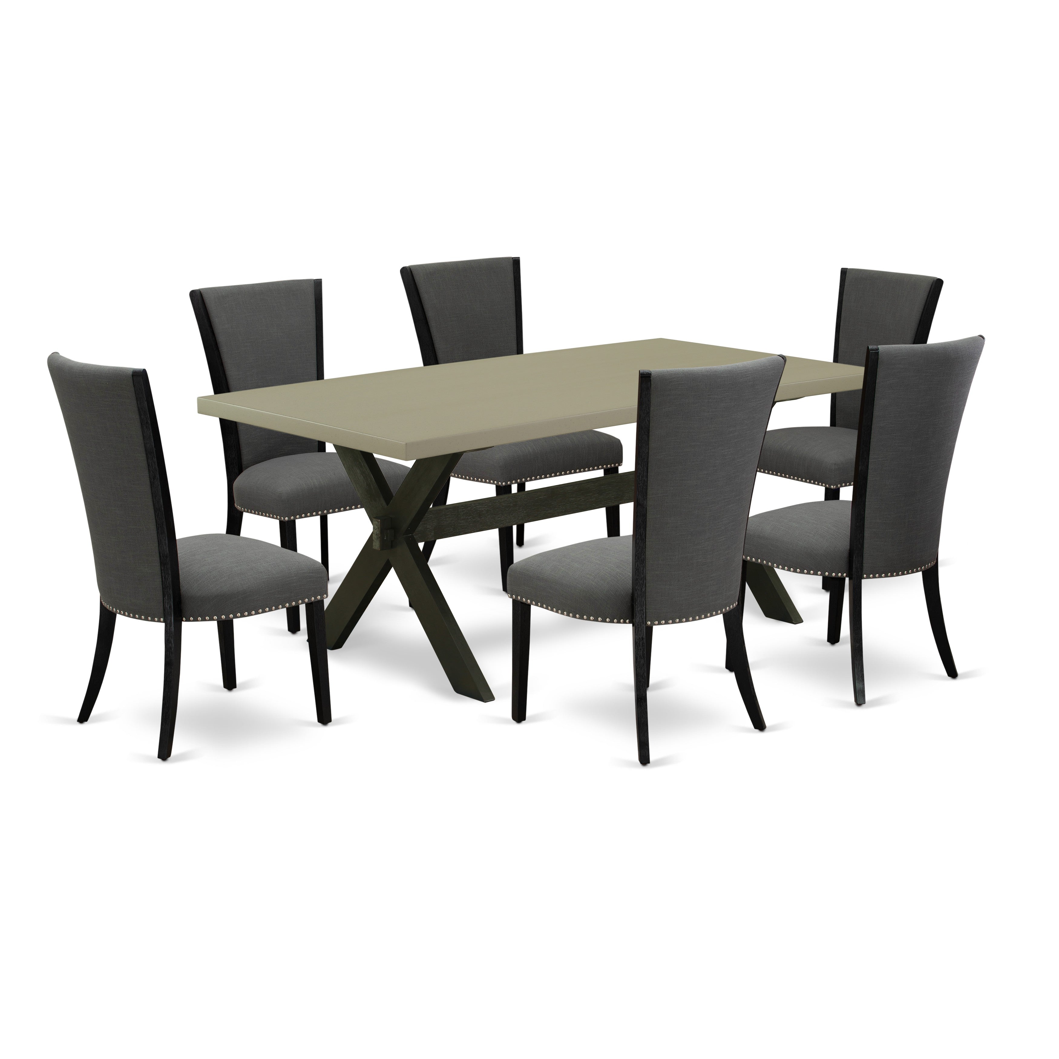 East West Furniture X697VE650-7 7 Piece Dinner Table Set Includes a Cement Dining Room Table and 6 Dark Gotham Grey Linen Fabric Dining Room Chairs with High Back - Wire Brushed Black Finish