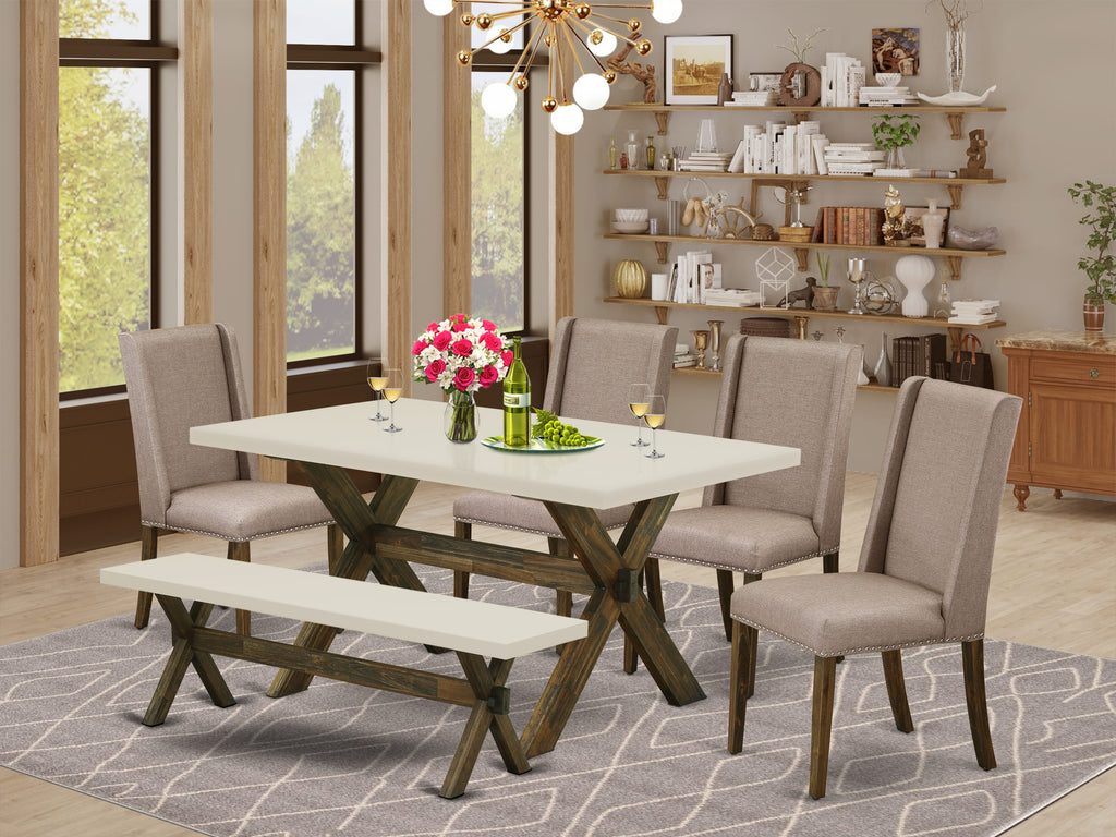 East West Furniture X726FL716-6 6 Piece Dining Table Set Contains a Rectangle Kitchen Table with X-Legs and 4 Dark Khaki Linen Fabric Parson Chairs with a Bench, 36x60 Inch, Multi-Color