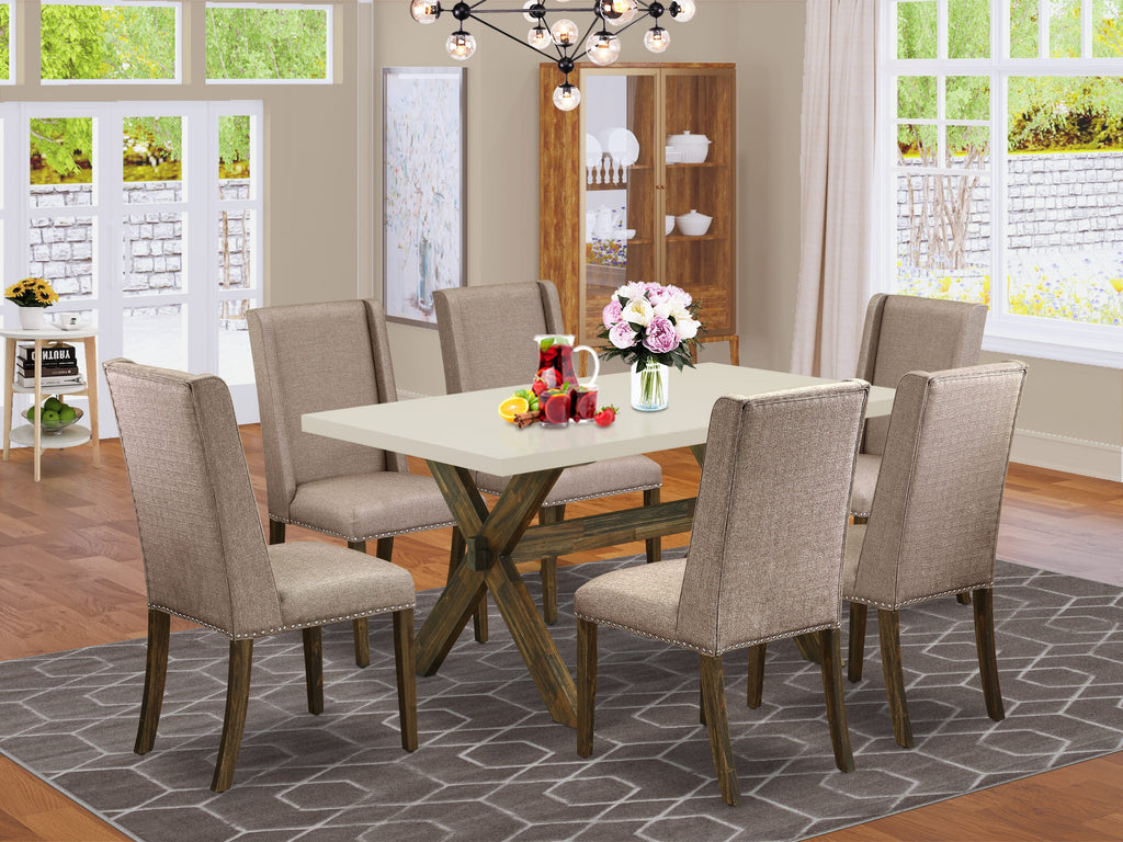 East West Furniture X726FL716-7 7 Piece Dining Room Table Set Consist of a Rectangle Dining Table with X-Legs and 6 Dark Khaki Linen Fabric Upholstered Chairs, 36x60 Inch, Multi-Color
