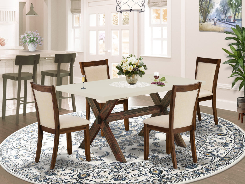 East West Furniture X726MZN32-5 5 Piece Kitchen Table Set for 4 Includes a Rectangle Dining Room Table with X-Legs and 4 Light Beige Linen Fabric Upholstered Chairs, 36x60 Inch, Multi-Color