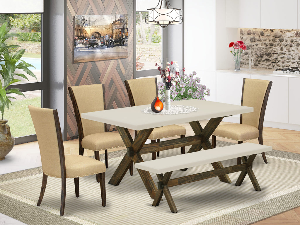 East West Furniture X726VE703-6 6 Piece Kitchen Table Set Contains a Rectangle Dining Table with X-Legs and 4 Brown Linen Fabric Parson Chairs with a Bench, 36x60 Inch, Multi-Color
