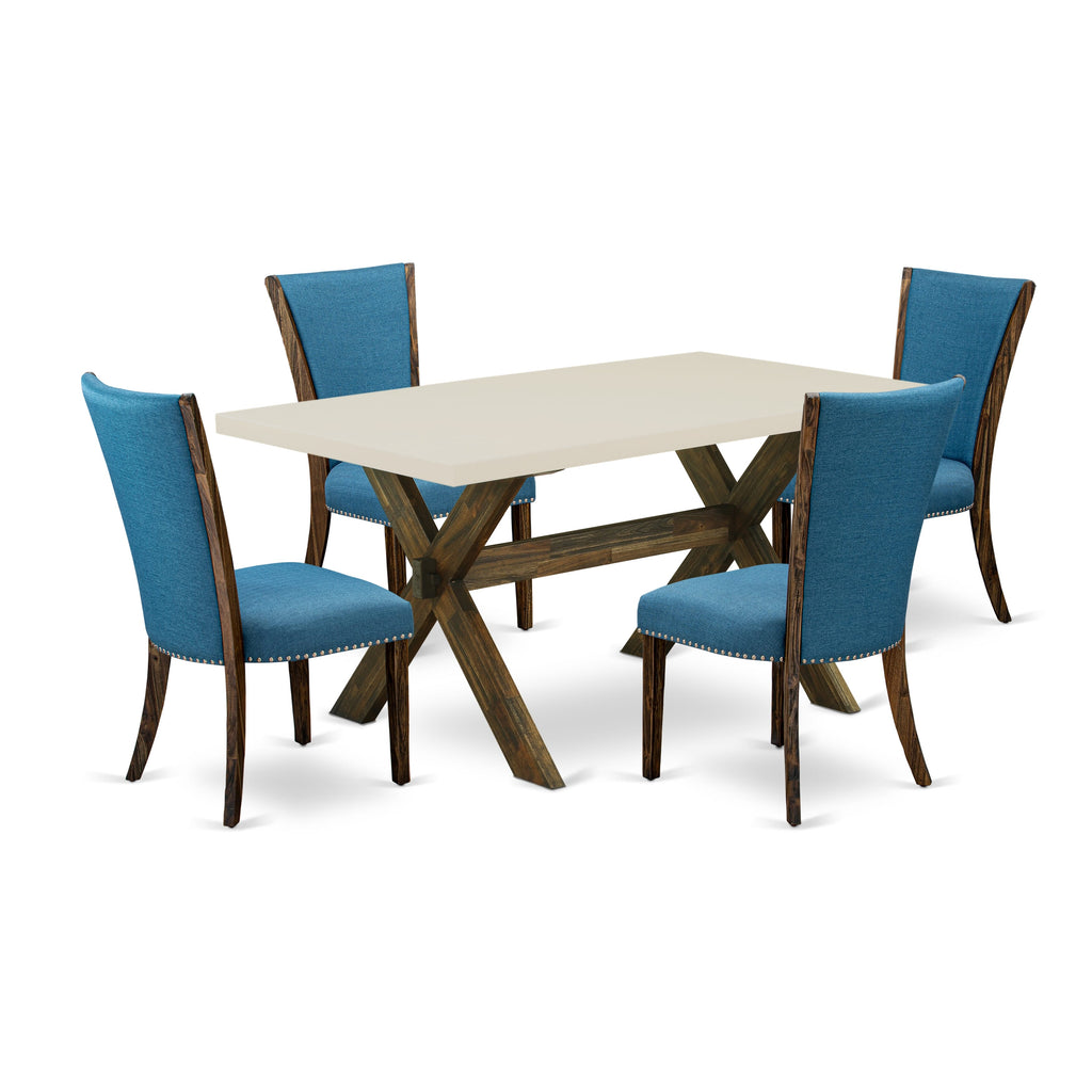 East West Furniture X726VE721-5 5 Piece Dining Set Includes a Rectangle Dining Room Table with X-Legs and 4 Blue Color Linen Fabric Upholstered Parson Chairs, 36x60 Inch, Multi-Color