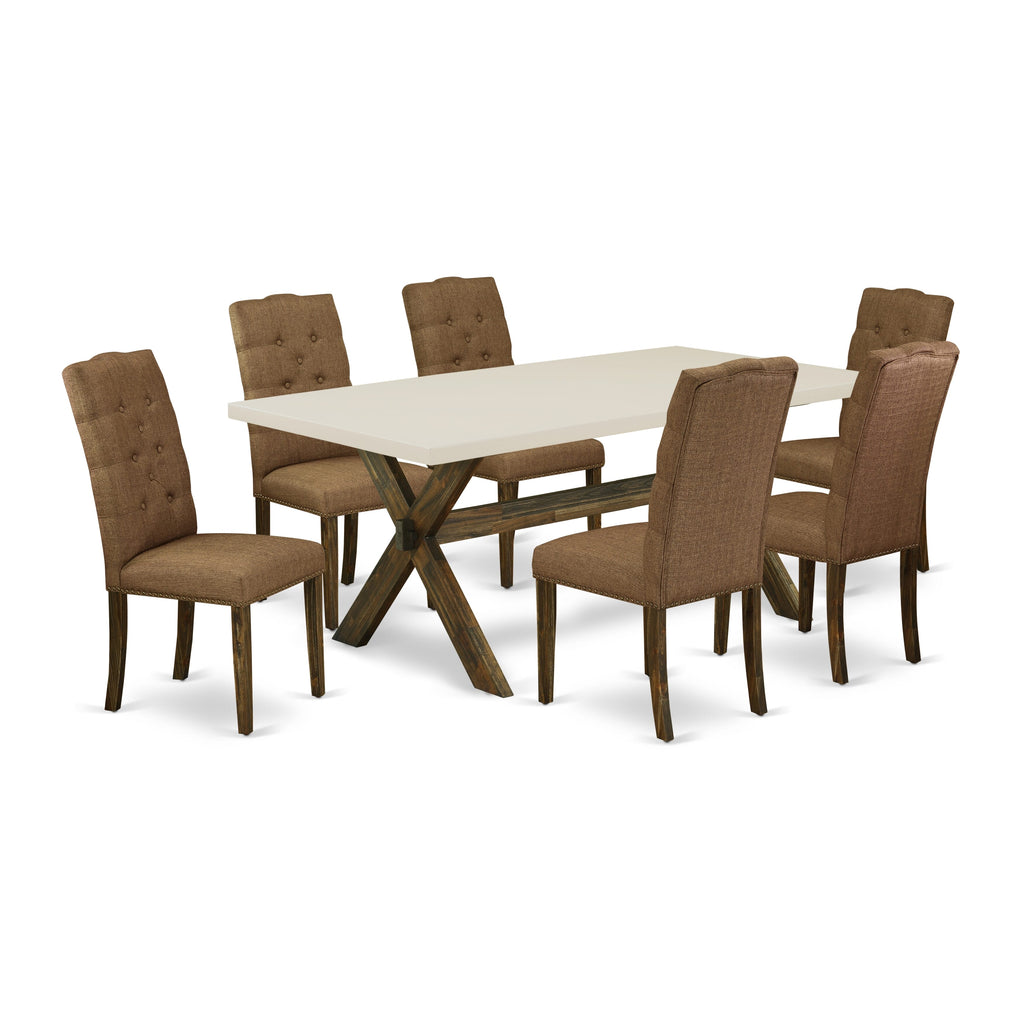 East West Furniture X727EL718-7 7 Piece Dining Table Set Consist of a Rectangle Dining Room Table with X-Legs and 6 Brown Linen Linen Fabric Upholstered Chairs, 40x72 Inch, Multi-Color
