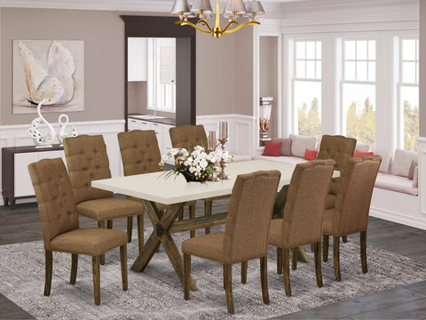 East West Furniture X727EL718-9 9 Piece Dining Set Includes a Rectangle Dining Room Table with X-Legs and 8 Brown Linen Linen Fabric Upholstered Parson Chairs, 40x72 Inch, Multi-Color