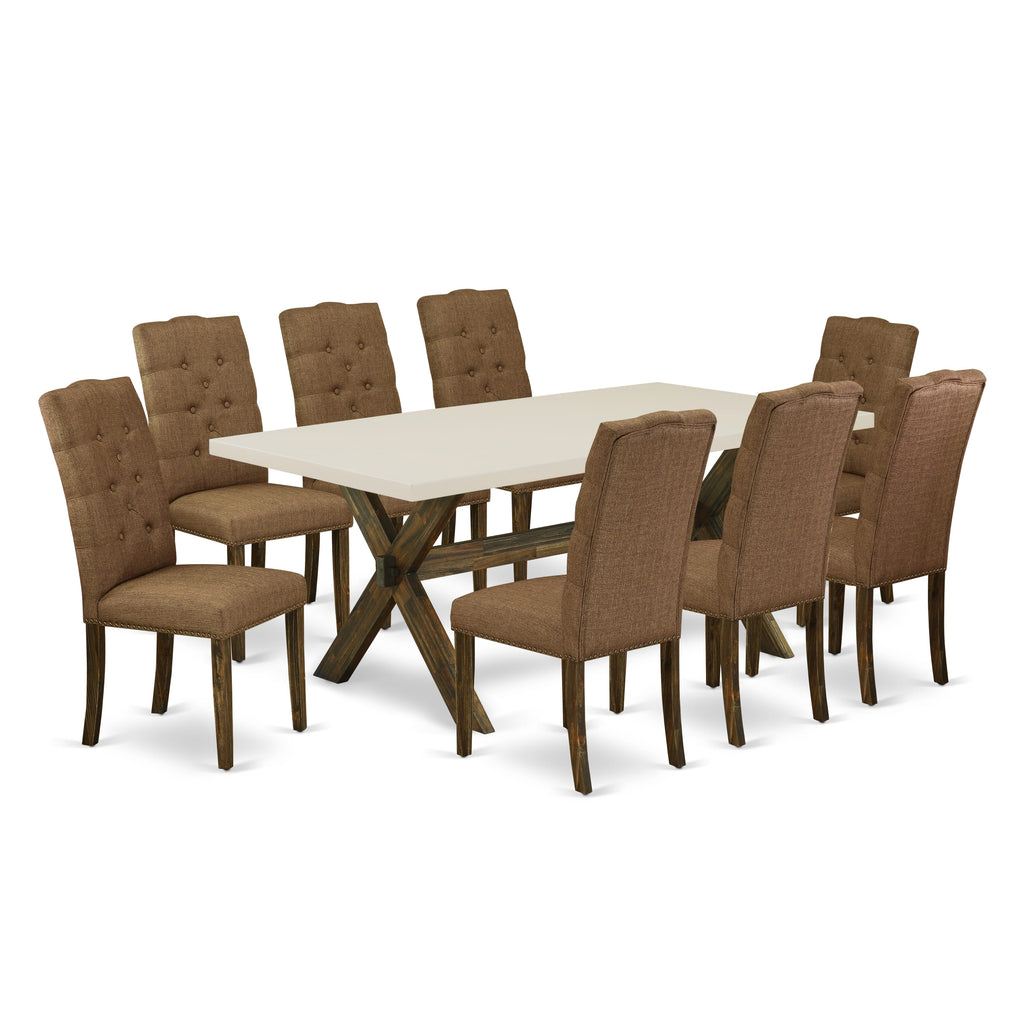 East West Furniture X727EL718-9 9 Piece Dining Set Includes a Rectangle Dining Room Table with X-Legs and 8 Brown Linen Linen Fabric Upholstered Parson Chairs, 40x72 Inch, Multi-Color