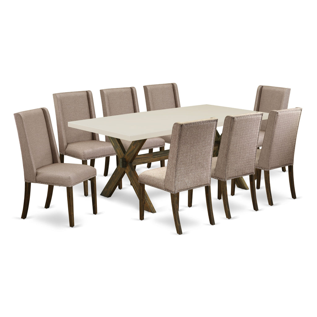 East West Furniture X727FL716-9 9 Piece Modern Dining Table Set Includes a Rectangle Wooden Table with X-Legs and 8 Dark Khaki Linen Fabric Parsons Dining Chairs, 40x72 Inch, Multi-Color