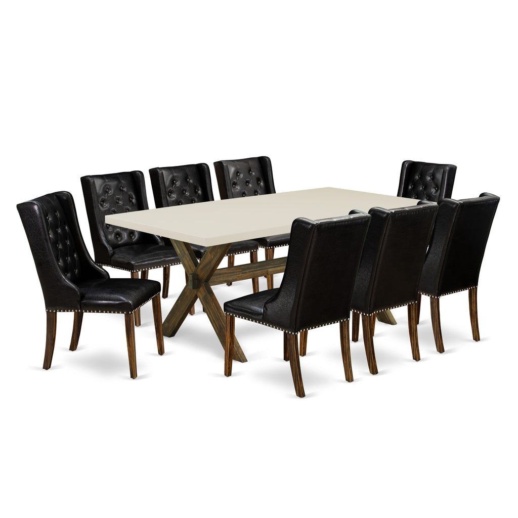 East West Furniture X727FO749-9 9 Piece Dining Room Furniture Set Includes a Rectangle Dining Table with X-Legs and 8 Black Faux Leather Parsons Chairs, 40x72 Inch, Multi-Color
