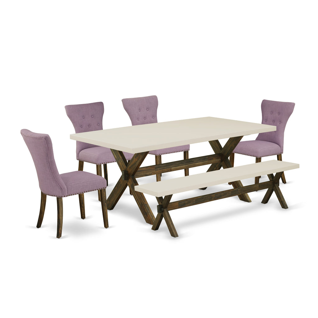 East West Furniture X727GA740-6 6 Piece Dining Set Contains a Rectangle Dining Room Table with X-Legs and 4 Dahlia Linen Fabric Parson Chairs with a Bench, 40x72 Inch, Multi-Color