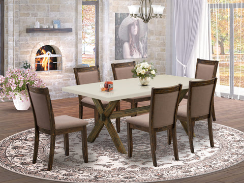 East West Furniture X727MZ748-7 7 Piece Dining Table Set Consist of a Rectangle Dining Room Table with X-Legs and 6 Coffee Linen Fabric Upholstered Chairs, 40x72 Inch, Multi-Color