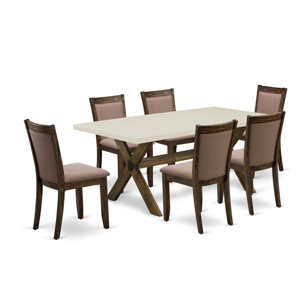 East West Furniture X727MZ748-7 7 Piece Dining Table Set Consist of a Rectangle Dining Room Table with X-Legs and 6 Coffee Linen Fabric Upholstered Chairs, 40x72 Inch, Multi-Color