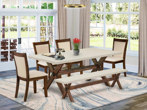 East West Furniture X727MZN32-6 6 Piece Kitchen Table Set Contains a Rectangle Dining Table with X-Legs and 4 Light Beige Linen Fabric Parson Chairs with a Bench, 40x72 Inch, Multi-Color