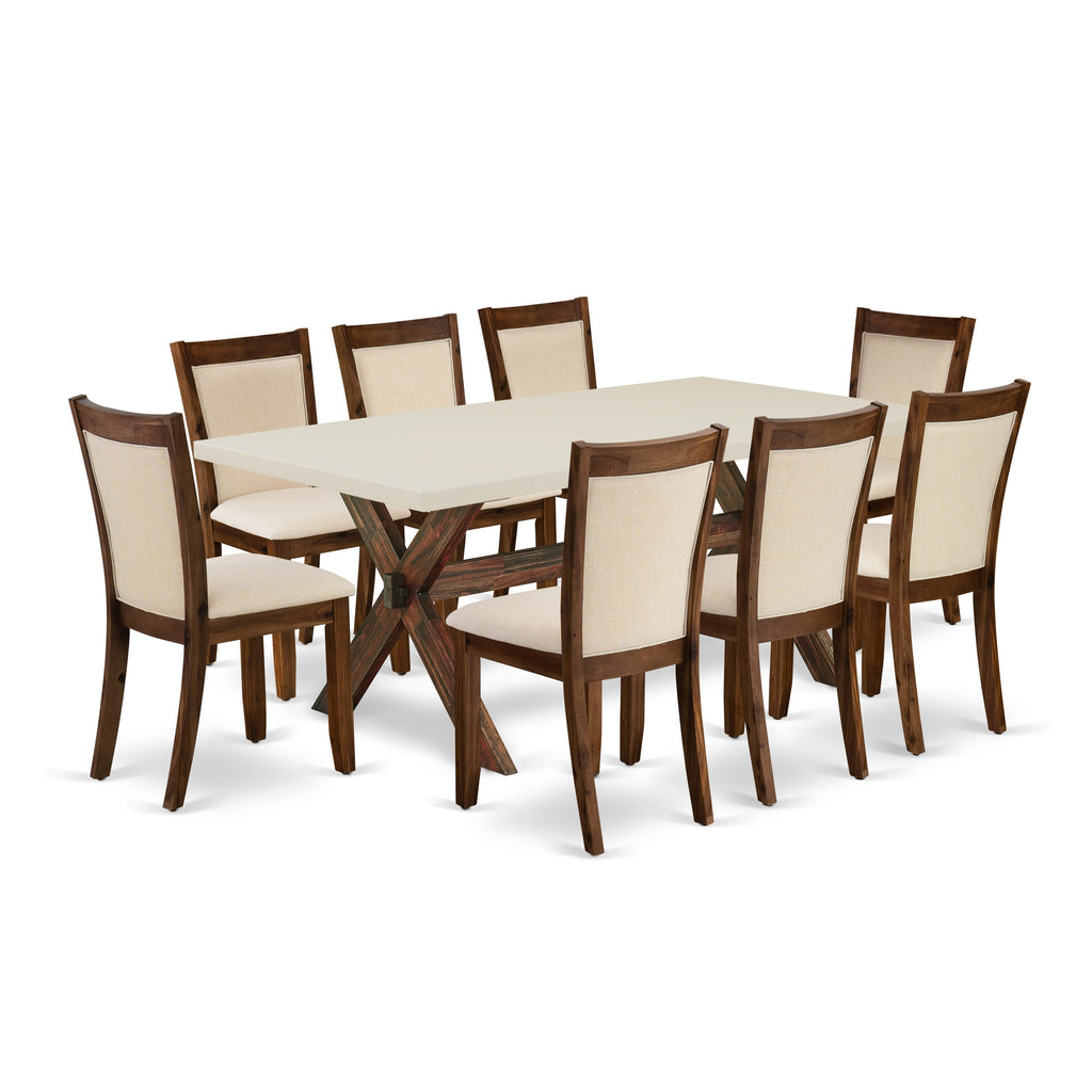 East West Furniture X727MZN32-9 9 Piece Dining Room Furniture Set Includes a Rectangle Dining Table with X-Legs and 8 Light Beige Linen Fabric Parsons Chairs, 40x72 Inch, Multi-Color