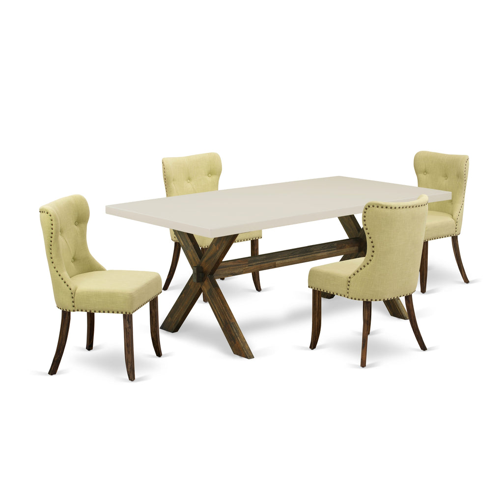 East West Furniture X727SI737-5 5 Piece Modern Dining Table Set Includes a Rectangle Wooden Table with X-Legs and 4 Limelight Linen Fabric Parson Dining Chairs, 40x72 Inch, Multi-Color
