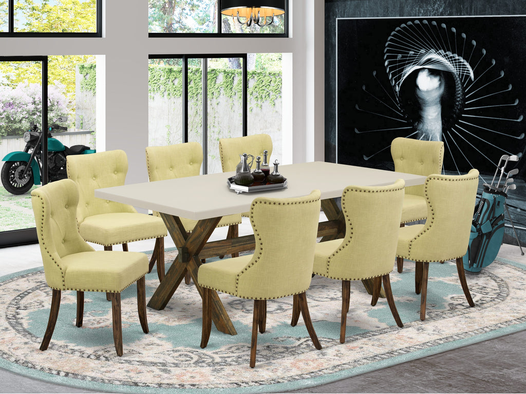East West Furniture X727SI737-9 9 Piece Dining Room Furniture Set Includes a Rectangle Dining Table with X-Legs and 8 Limelight Linen Fabric Upholstered Chairs, 40x72 Inch, Multi-Color