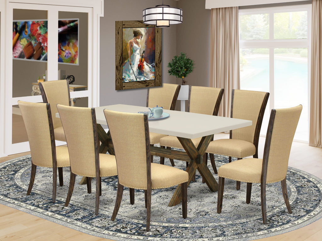 East West Furniture X727VE703-9 9 Piece Kitchen Table Set Includes a Rectangle Dining Table with X-Legs and 8 Brown Linen Fabric Parson Dining Room Chairs, 40x72 Inch, Multi-Color