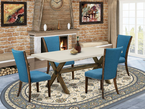 East West Furniture X727VE721-5 5 Piece Modern Dining Table Set Includes a Rectangle Wooden Table with X-Legs and 4 Blue Color Linen Fabric Upholstered Chairs, 40x72 Inch, Multi-Color