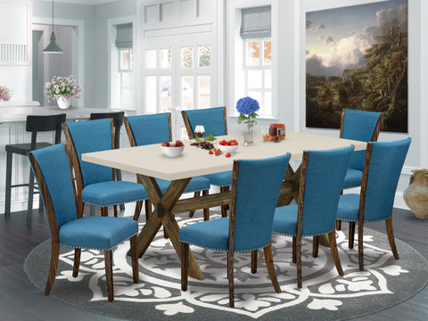 East West Furniture X727VE721-9 9 Piece Kitchen Table Set Includes a Rectangle Dining Table with X-Legs and 8 Blue Color Linen Fabric Parson Dining Chairs, 40x72 Inch, Multi-Color
