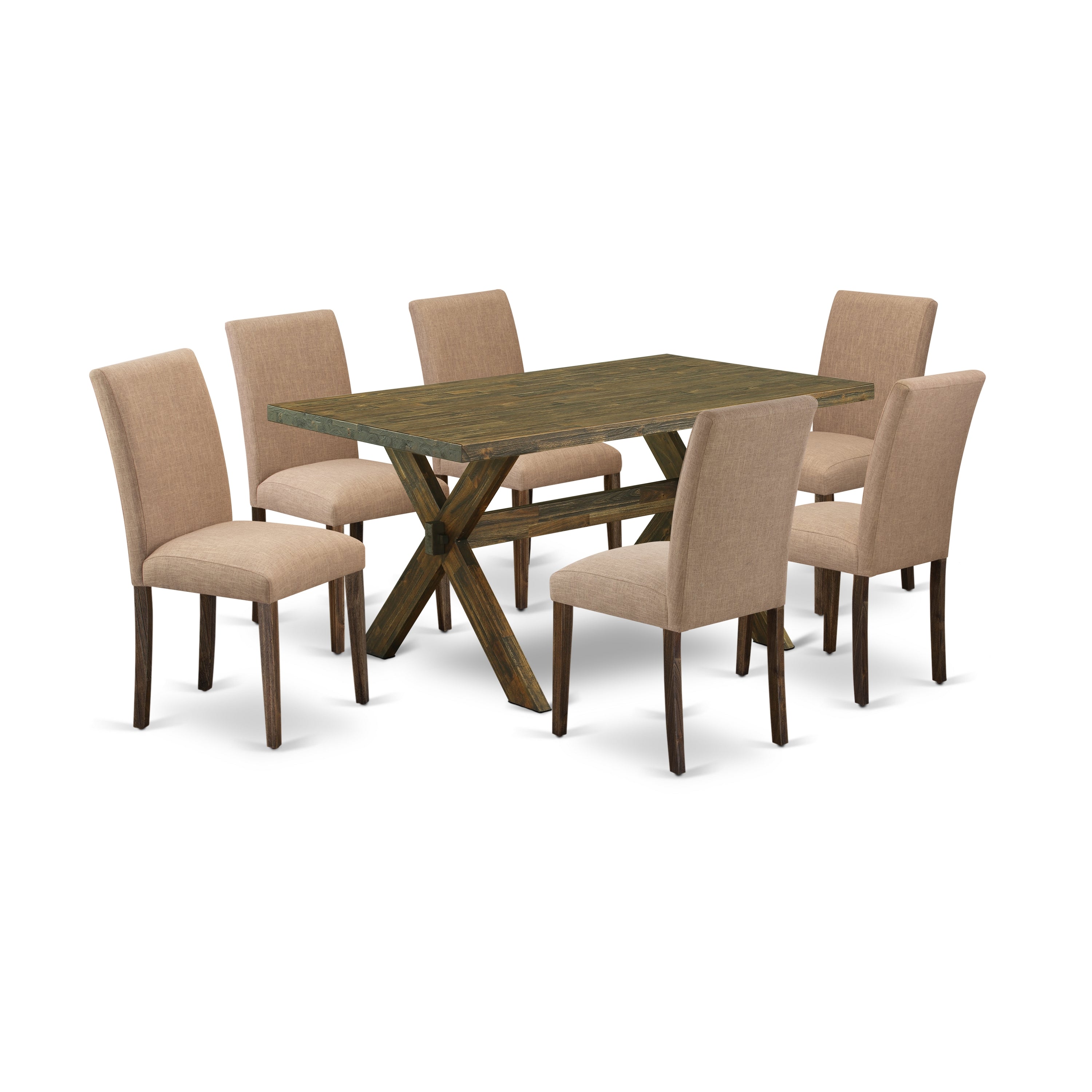 Juego de comedor de 7 piezas East West Furniture X776AB747-7 compuesto por una mesa de comedor rectangular con patas en forma de X y 6 sillas tapizadas en tela de lino color sable claro.