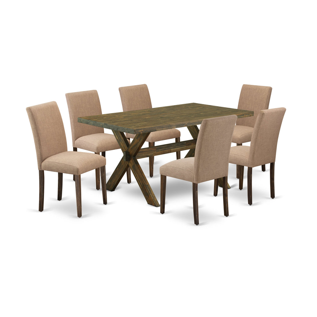Juego de comedor de 7 piezas East West Furniture X776AB747-7 compuesto por una mesa de comedor rectangular con patas en forma de X y 6 sillas tapizadas en tela de lino color sable claro.