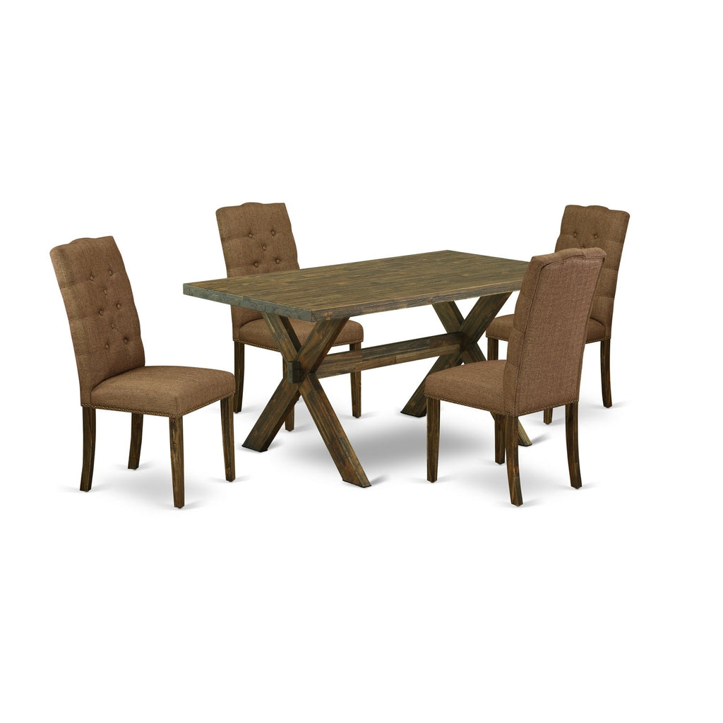 Juego de mesa de comedor moderna de 5 piezas East West Furniture X776EL718-5. Incluye una mesa rectangular de madera con patas en forma de X y 4 sillas de comedor Parson de tela de lino marrón.