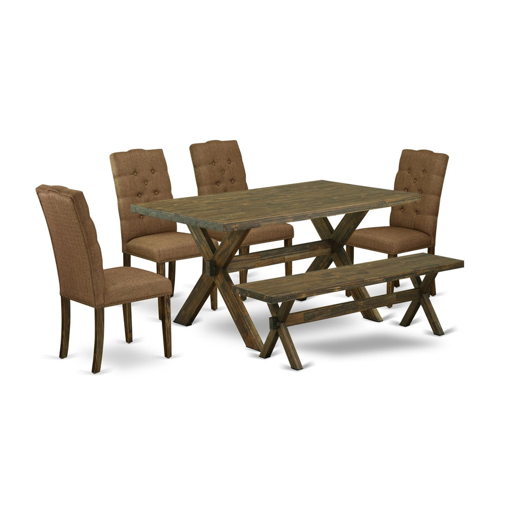 Juego de comedor de 6 piezas East West Furniture X776EL718-6 que incluye una mesa de comedor rectangular con patas en forma de X y 4 sillas Parson de tela de lino marrón con un banco
