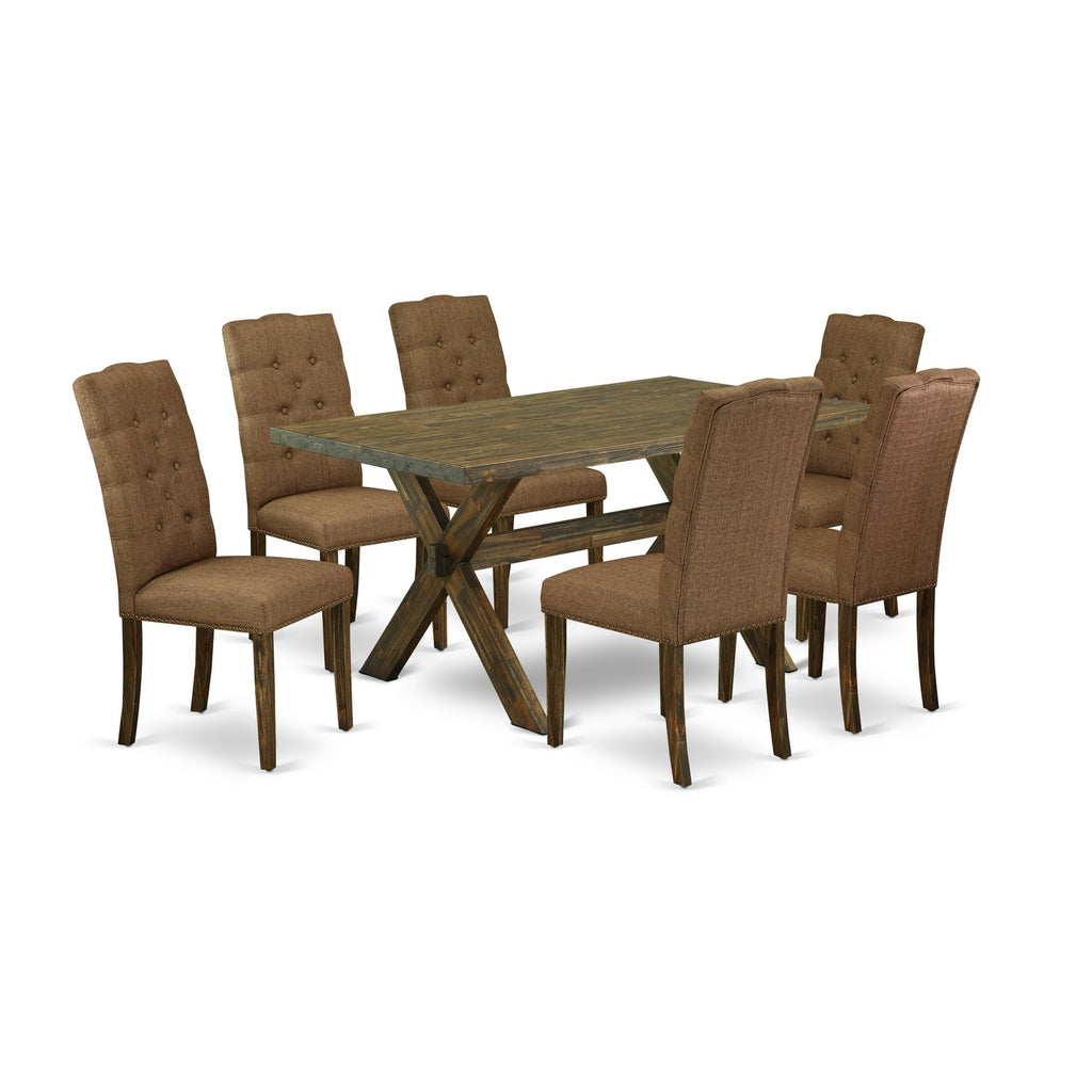Juego de mesa de comedor East West Furniture X776EL718-7 de 7 piezas compuesto por una mesa de cocina rectangular con patas en forma de X y 6 sillas de comedor Parson de tela de lino marrón.