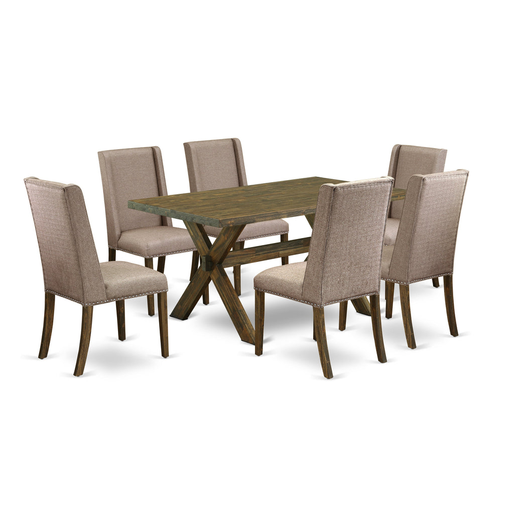 East West Furniture X776FL716-7 7 Piece Dinette Set Consist of a Rectangle Dining Room Table with X-Legs and 6 Dark Khaki Linen Fabric Parsons Dining Chairs, 36x60 Inch, Multi-Color