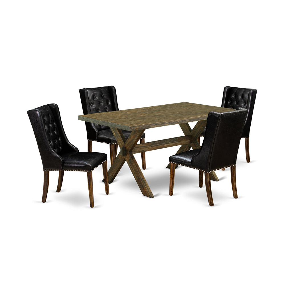 El juego de mesa de comedor de 5 piezas East West Furniture X776FO749-5 incluye una mesa de cocina rectangular con patas en forma de X y 4 sillas de comedor Parson de cuero sintético negro.