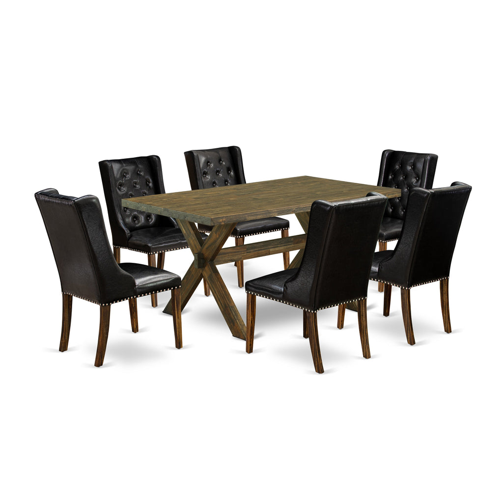 Juego de comedor de 7 piezas East West Furniture X776FO749-7 compuesto por una mesa de comedor rectangular con patas en forma de X y 6 sillas Parson tapizadas en piel sintética negra.