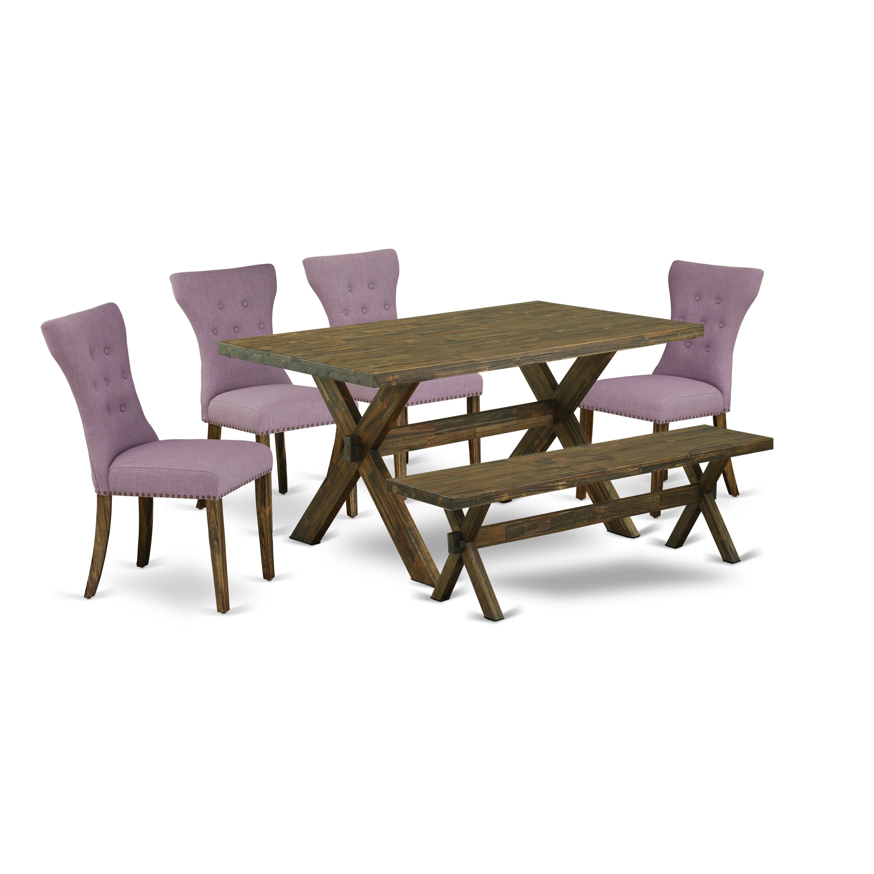 East West Furniture X776GA740-6 6-Piece dining table set-Dahlia Linen Fabric Seat and Button Tufted Chair Back Kitchen chairs, A Rectangular Bench and Rectangular top Kitchen Table with Wooden Legs - Distressed Jacobean and Distressed Jacobean Finish
