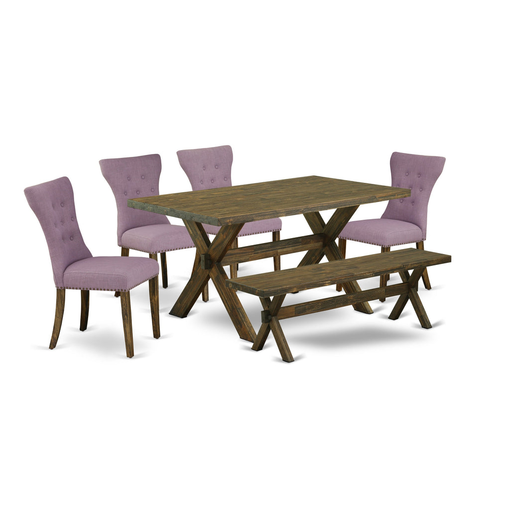 East West Furniture X776GA740-6 6 Piece Dinette Set Contains a Rectangle Dining Room Table with X-Legs and 4 Dahlia Linen Fabric Parson Chairs with a Bench, 36x60 Inch, Multi-Color