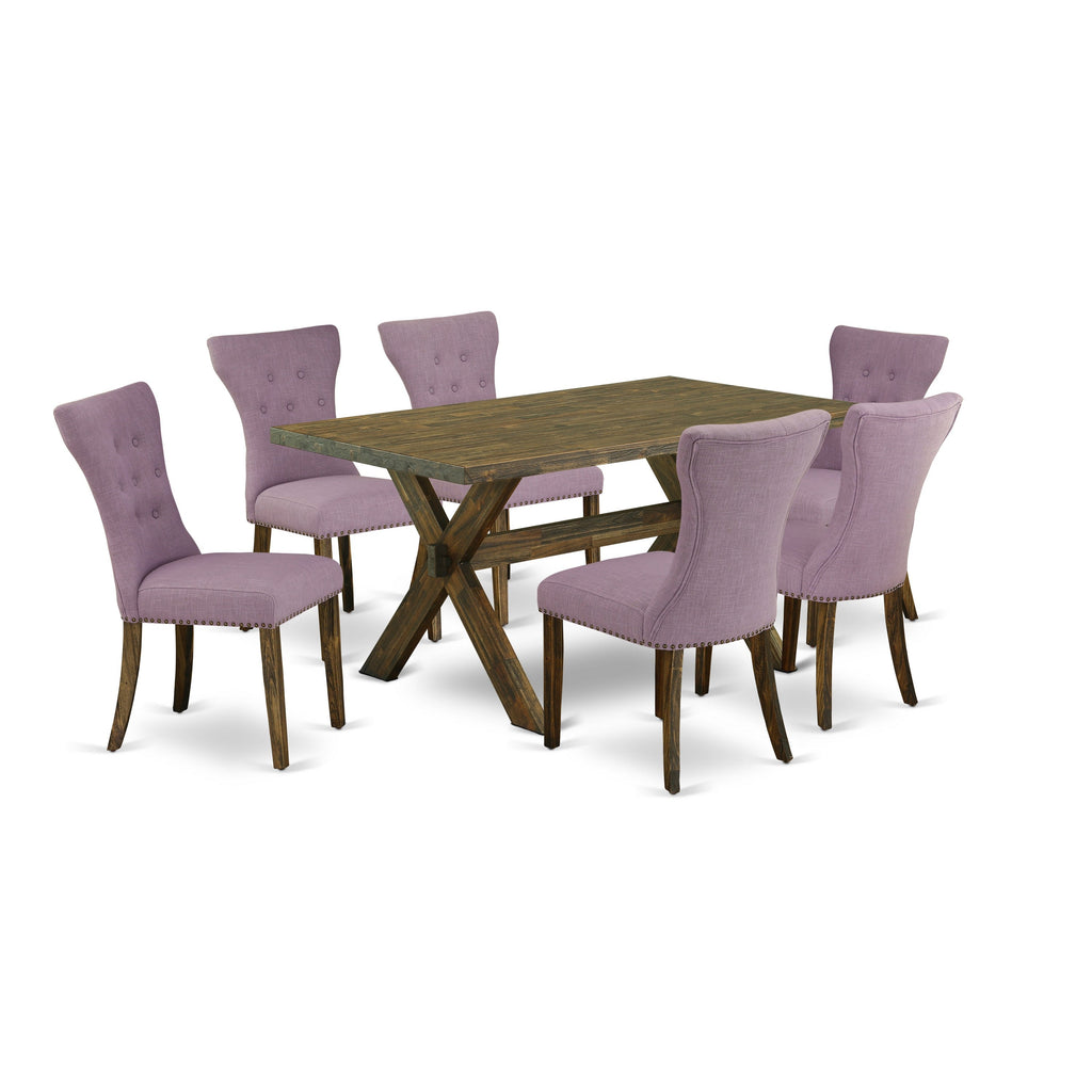 East West Furniture X776GA740-7 7 Piece Dining Room Furniture Set Consist of a Rectangle Dining Table with X-Legs and 6 Dahlia Linen Fabric Upholstered Chairs