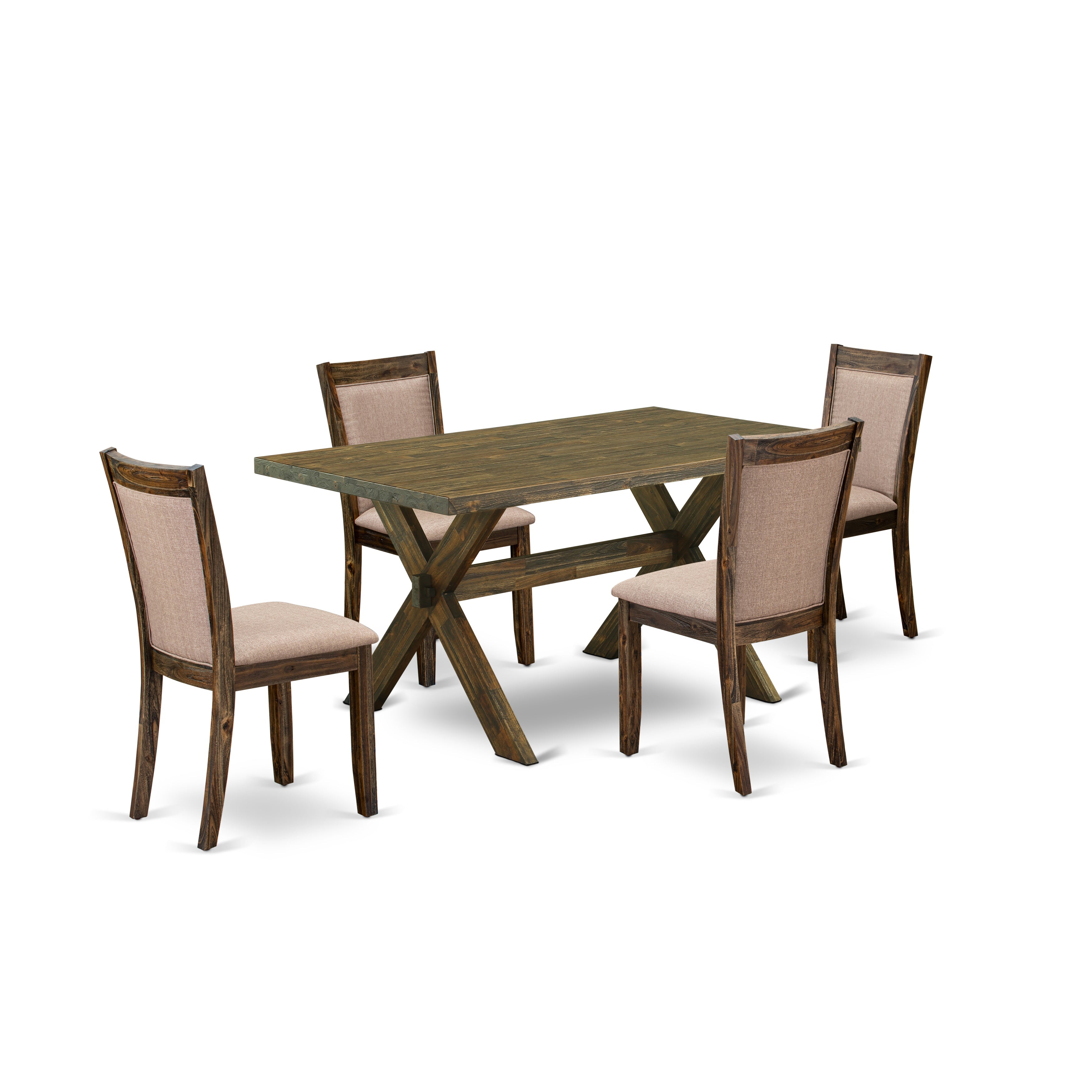 East West Furniture X776MZ716-5 5 Piece Modern Table Set - A Distressed Jacobean Top Dinning Table with Trestle Base and 4 Dark Khaki Linen Fabric dinner chairs - Distressed Jacobean Finish